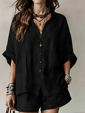 abordables Conjuntos-Mujer Conjunto con tacto de lino Conjuntos de lino y algodón Conjuntos de pantalones cortos Manga Corta Cuello Camisero Plano Moda Ropa de calle Casual Diario Exterior Negro Blanco Rosa Verano Holgado