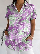 baratos Arte &amp; Design Blusas-Mulheres Camisa Social Botões Imprimir Gráfico Estampado Cashemere Vintage à moda Moderno Manga Curta Colarinho de Camisa Tops regulares Diário Azul Roxo Verde Cáqui Verão Primavera