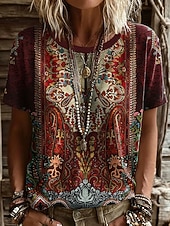 levne Boho tričko-Dámské Tričko Tisk Grafika Rostliny Vinobraní stylové Klasické Krátký rukáv Tričkový Běžné topy Denní Víkend Rubínově červená Oranžová Béžová Léto Jaro