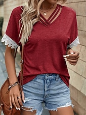 preiswerte Plain tee-Women's Shirt Blouse Lace Tops Patchwork Solid Color Stylish Classic Modern Short Sleeve V Neck Regular Tops Daily Holiday Going out Blue Black Wine Orange Gray Summer Spring