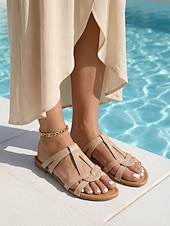 economico Women-Women's Chic Nude Snake Print Flat Sandals - Strappy Boho Slide Sandals with Interlocking Knot Design for Poolside Vacations, Summer Beach Travel &amp; Resort Wear