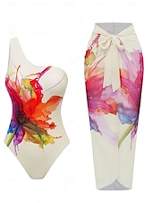baratos Fatos de Banho 1 Peça-Mulheres Roupa de Banho 2 partes Monoquíni Saia roupa de banho Compressão abdominal Cintura Alta Delgado Frente Única Férias Roupa de Praia Floral Pescoço Assimétrico Sem Manga Fatos de banho