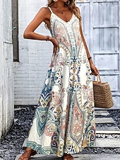 preiswerte Boho Kleider-Damen Maxikleid Sommerkleid A Linie Kleid Unterkleid Urlaub Lässig Strand Ausgehen Lässiger Schnitt Grafik Paisley-Muster Ärmellos V Ausschnitt Weiß Sommer Frühling