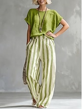 baratos Conjuntos-Mulheres Conjunto com toque de linho Conjuntos de calças Manga Curta Gola Redonda Gráfico Listrado Moda Roupa de rua Casual Diário Ao ar livre Azul Preto Amarelo Primavera Verão Ajuste Largo
