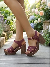cheap Platform Sandals-Women's Burgundy Chunky Heel Sandals – Faux Leather Sandals with Buckle and Perforated Design for Casual Outings, Summer Parties and Everyday Wear