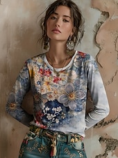 abordables Camiseta floral-Camiseta vikinga para mujer, con estampado floral, estilo bohemio, vintage, clásica, de manga larga y cuello redondo, ideal para diario, fin de semana, vacaciones, en azul, para verano, primavera y