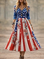  Amerikanischer Unabhängigkeitstag Damen Maxikleid Sommerkleid A Linie Kleid Urlaub Lässig Boho Strand Date Normale Passform Grafik Flagge Ärmellos V Ausschnitt U-Ausschnitt Rote Sommer Frühling