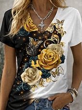 זול טי-שירט אמנות ועיצוב-בגדי ריקוד נשים חולצה קצרה דפוס גראפי צמחים צבע הדרגתי וינטאג' מסוגנן קלסי שרוולים קצרים צווארון V חולצות רגילות יומי פול שחור ולבן לבן / כחול קיץ אביב