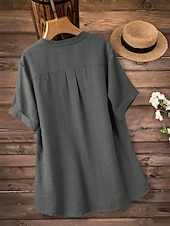 voordelige Overhemden-Dames Overhemden met linnenlook Blouse Overhemd van imitatie linnen Knop Effen Kleur Dagelijks Stijlvol Basic Halve mouw V-hals Normale tops Dagelijks blauw Zwart Geel Rood Paars Zomer Lente Herfst