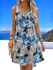 cheap Floral Dress-Women's Mini Dress Sundress A Line Dress Summer Dress Vacation Casual Boho Beach Party Wedding Regular Fit Floral Graphic Sleeveless U Neck Blue Light Green Sky Blue Green Summer Spring