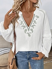 abordables Blouses &amp; Shirts-Women's Shirt Blouse Embroidered Print Floral Classic Modern Casual Long Sleeve V Neck Regular Tops Daily Outdoor Holiday White Summer Spring