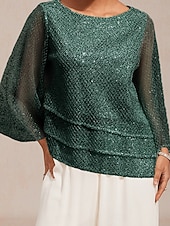 זול טופים מבד תחרה-בגדי ריקוד נשים חולצות תחרה פאייטים אשליה צבע אחיד אלגנטית מסוגנן שרוול 4\3 פעמון צווארון עגול קצר חולצות ארוכות יומי אורחת חתונה בגדי נופש ירוק האנטר קיץ אביב סתיו