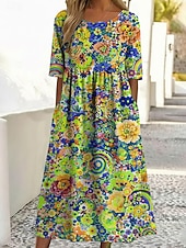 お買い得  花柄ドレス-女性用 ミディドレス カジュアルドレス プリントドレス ファッション アウトドア バケーション お出かけ ルーズフィット フラワー グラフィック 半袖 クルーネック ブルー ライトイエロー パープル グリーン 夏 春