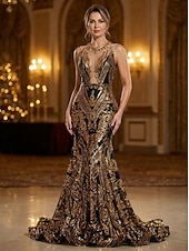 abordables Vestidos de Noche Sirena-Corte Trompeta Sirena Cola barrida Trajes de gala Vestidos de noche Corte Cenicienta Vestimenta formal Elegante Sin Mangas Escote de ilusión Carnaval Formal afroamericano Lentejuelas con Lentejuela