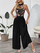 economico tute da festa-Per donna Normale Tuta Elegante Floreale Senza Maniche Gamba larga All'americana Pizzo Patchwork Feste Streetwear Vestibilità regolare Nero Estate