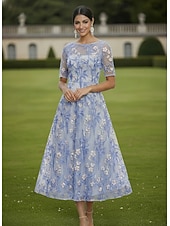 abordables Longueur de cheville-Ligne A Robe Longueur cheville Longueur thé Robe en Dentelle Robe de Cocktail Robe de Mère de Mariée  Manche Courte Demi Manches Col Bateau Élégant ancien Luxueux robe demoiselle d honneur Semi-Formel