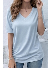 お買い得  プレーンTシャツ-女性用 オーバーサイズ Tシャツ 純色 エレガント スタイリッシュ カジュアル 半袖 Ｖネック ロングトップス 日常 お出かけ ブラック ホワイト イエロー グレー ライトブルー 夏 春