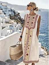 Χαμηλού Κόστους Ριγέ και Γεωμετρικά Φορέματα-Γυναικεία Μίντι φόρεμα Φόρεμα ριχτό Φόρεμα για τον ήλιο Φόρεμα σε γραμμή Α Διακοπές Καθημερινό Μπόχο Παραλία Εξόδου Χαλαρή Εφαρμογή Γραφική Γεωμετρικό Αμάνικο Λαιμόκοψη