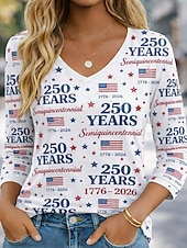  American Independence Day Women's T Shirt Print Graphic Flag Stylish Classic Long Sleeve 3/4 Length Sleeve V Neck Regular Tops Daily Weekend Blue White Red Red / Blue Spring Fall