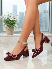 voordelige Slingback Pumps-Elegante damespumps van marineblauw lakleer - chique pumps met spitse neus en strik. &amp;Stevige blokhak voor kantoorwerk, business casual &amp;dagelijkse professionele kleding