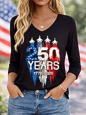  American Independence Day Women's T Shirt Print Graphic Flag Stylish Classic 3/4 Length Sleeve V Neck Regular Tops Daily Weekend Blue Black Red Spring