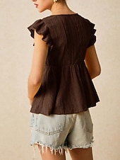 tanie Zwykły zbiornik-Damskie Bezrękawnik Falbana Oczko Równina Moda Elegancki Klasyczny Bez rękawów W serek Zwykłe topy Codzienny Wyjściowe Weekend Czarny Biały Kawowy Jasnoniebieski Lato Wiosna