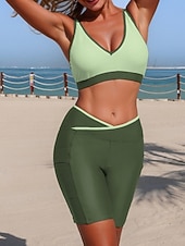 billige Tankinier-Dame Badetøy Tankini 2 stk Shorts Badedrakt Midjekontroll Høy Midje Tynn Åpen rygg Ferie Strand Klær Helfarge V-hals Ermeløs Badedrakter