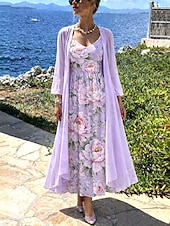 abordables Art &amp; Design Robe-Femmes Robe Ensemble Robe trapèze Élégant Vacances Fleuri Graphique Superposé Imprimé Robe Midi Manche 3/4 Col en V Quotidien Vacances Bleu Vert Claire Rose Claire Été Printemps Coupe régulière