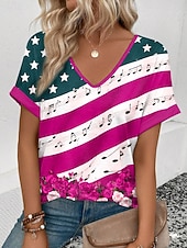  día de la independencia americana Mujer Camiseta Bloque de Color Estampado Graphic Bandera Vintage Elegante Clásico Manga Corta Escote en Pico Tops regulares Diario Fin de semana Ropa de vacaciones