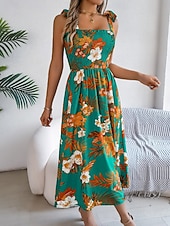 cheap Casual Floral Dresses-Women's Midi Dress Beach Dress A Line Dress Floral Dress Slip Dress Elegant Fashion Modern Outdoor Beach Vacation Regular Fit Floral Sleeveless Square Neck Blue Yellow Green Summer Spring