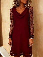 billige Hvit kjole-Dame Mini kjole Kjole med A-linje Sommerkjole Fritid Daglig Normal عادي Langermet Cowl-hals Svart Vin Lilla Grønn Sommer Høst Vinter