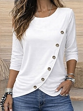 preiswerte Einfarbiges T-Shirt-Damen T Shirt T-Shirt Knöpfe Einfach Mode Stilvoll Klassisch Kurzarm Rundhalsausschnitt Normale Oberteile Täglich Ausgehen Wochenende Blau Schwarz Weiß Rote Grün Sommer Frühling Herbst