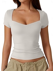 cheap Plain tee-Women's T Shirt Tee Top Solid Color Stylish Basic Classic Short Sleeve V Neck Regular Tops Daily Going out Weekend Black White Wine Brown Dark Gray Summer Spring