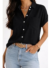 abordables Blusas Sencillas-Mujer Camisa Blusa Bolsillo Botones Color sólido Plano Vintage Elegante Manga Corta Cuello Camisero Tops largos Diario Festivos Noche Negro Blanco Rosa Naranja Gris Verano Primavera