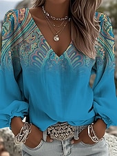 ieftine Bluze Art&amp;Design-Pentru femei Bluză Imprimeu Floral Boemia Epocă Casual Manșon Lung În V Topuri obișnuite Zilnic Albastru piscină Negru Alb Roz Îmbujorat Roșu Vin Vară Primăvară Toamnă