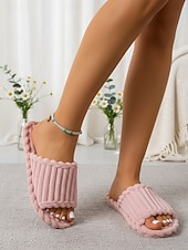 Недорогие Женские тапочки и шлепанцы-Женские темно-красные летние плюшевые домашние тапочки с открытым носком – мягкие, дышащие, с плетеной амортизирующей стелькой для дома, спальни и повседневного комфорта.