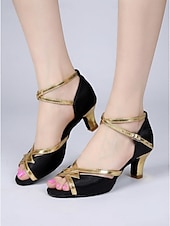 cheap Latin Shoes-Women's Brown &amp; Gold Latin Dance Shoes - Medium Heel, Strappy Design, Ballroom, Salsa, Tango, Practice &amp; Performance Footwear