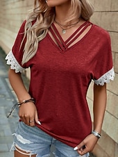 preiswerte Plain tee-Women's Shirt Blouse Lace Tops Patchwork Solid Color Stylish Classic Modern Short Sleeve V Neck Regular Tops Daily Holiday Going out Blue Black Wine Orange Gray Summer Spring