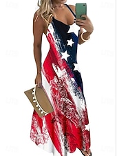  Ziua Independenței Rochie Maxi Purtătoare de Drepturi Femei Patriotic Rochie A-Line Rochie Slip Vacanță Casual Ieșire Ajustare Regulată Grafic Steag Fără Mâneci Guler în V Bretele Spaghetti Albastru