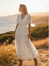 preiswerte Weiße Spitzenkleider-Damen abendkleider Spitzenkleid Schaukelkleid Maxikleid Weiß Kurzarm Einfarbig Spitze Frühling Sommer V Ausschnitt Boho 2023 S M L XL