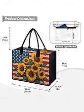  תיק נשיאה פוליאסטר לנשים עם קיבולת גדולה וכיס עם רוכסן, עיצוב פטריוטי של חמניות ודגל אמריקאי, מושלם ליום השנה ה-250, יום העצמאות ולשימוש יומיומי יומיומי