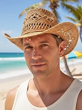 Χαμηλού Κόστους Ανδρικά καπέλα-Ανδρικό ψάθινο καουμπόικο καπέλο western σε πολλά χρώματα, υφαντό καλοκαιρινό καπέλο ηλίου για διακοπές στην παραλία, ρούχα western στυλ, ρούχα σε θέρετρα και καλοκαιρινά πάρτι