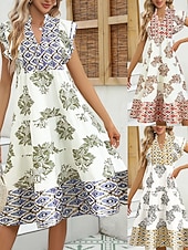 abordables Robes Boho-Femmes Robe Midi Robe bohème Robe Vintage Robe Décontractée Robe Fleurie Élégant Mode Moderne Extérieur Vacances Sortir Coupe régulière Fleuri Manche Courte Col en V Bleu Jaune Rouge Été Printemps
