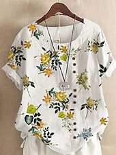 cheap Plain Blouses-Women's Shirt Blouse Faux Cotton Linen Print Floral Graphic Casual Short Sleeve Crew Neck Long Tops Daily White Summer Spring