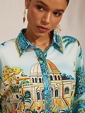 economico Bluse e camicie-Isole Baleari, top blu in raso setoso con maniche a pipistrello