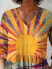  Damen Bluse Druck Grafik Sonne Urlaub Täglich Lässig Dreiviertelarm V Ausschnitt Normale Oberteile Täglich Ferien Ausgehen Orange Sommer Frühling Herbst