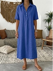 voordelige Witte jurk-Dames Halflange jurk Zonnejurk Zomerjurk Vakantie Casual Boho Dagelijks Feestdagen Uitgaan Ruim Passend Effen Korte mouw Revers blauw Grijs roze Zwart Geel Zomer Lente