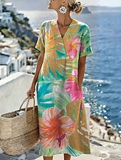 cheap Art&amp;Design Dress-Women's Midi Dress Sundress Casual Dress Vacation Casual Beach Beach Party Loose Fit Graphic Leaf Geometric Short Sleeve V Neck Blue Yellow Purple Green Summer Spring