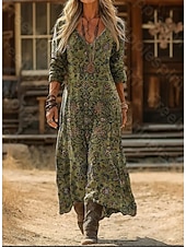  Damskie Sukienka maxi Sukienka Boho Zabytkowa sukienka Codzienne sukienki Zabytkowe Codzienny Na zewnątrz Urlop Regularny Wzór tie-dye Długi rękaw W serek Zielony Wiosna Jesień
