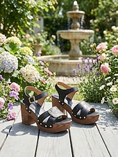 cheap Platform Sandals-Women's Burgundy Chunky Heel Sandals – Faux Leather Sandals with Buckle and Perforated Design for Casual Outings, Summer Parties and Everyday Wear